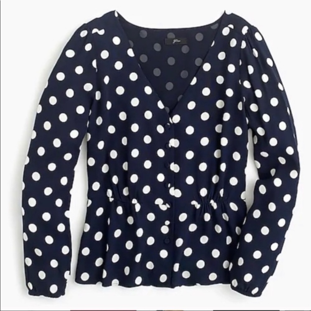 NWT J. Crew Polka Dot L/S V Neck Blouse Navy with white dots Sz 10